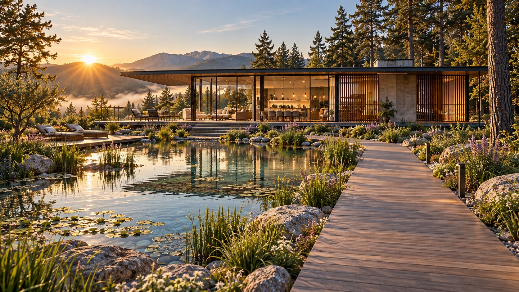 Maison contemporaine et piscine naturelle au lever du soleil